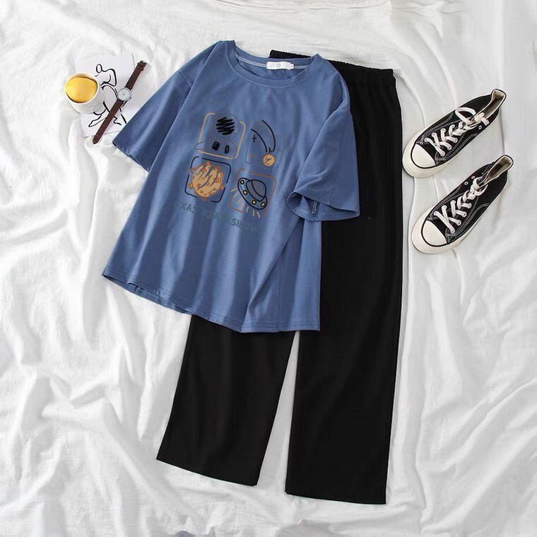 Sét Áo hành tinh P.x+quần suông trơn, Áo thun from rộng, Chất đẹp không xù, quần suông ống rộng, Sét bộ mặc ở nhà - MODY