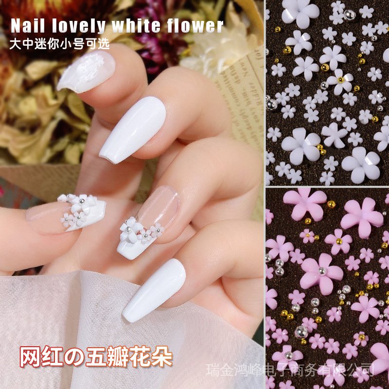 Set 100 Bông Hoa Trắng mini Ba Chiều Bằng resin Màu Trắng Dùng Để Trang Trí Móng Tay