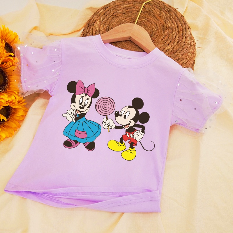 Áo Thun 100% Cotton Tay Ngắn In Hình Mickey Và Minne Dễ Thương Dành Cho Bé Gái