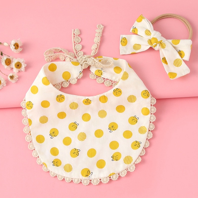 Set yếm đeo cổ kèm turban nơ xinh xắn cho bé gái 0-2 tuổi