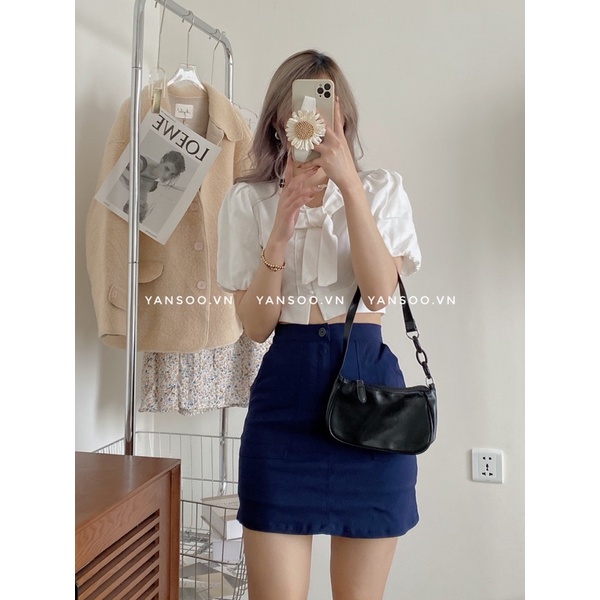 Sét áo somi cúc ngọc dáng croptop mic chân váy chữ A cạp cao màu xanh có quần trong cực xinh by YANSOO