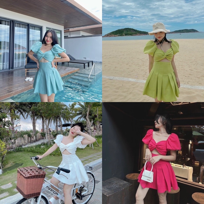 Bigsize Đầm Soắn Ngực Tay Phồng Khoét Eo 50-90kg mẫu chụp thật 100%