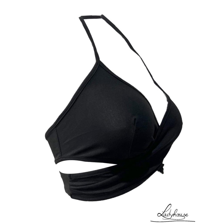 LD-Women´s Halter Crop Tops, Sleeveless Deep V Neck Solid Color Tie Knot Back Wrap Cami Tops