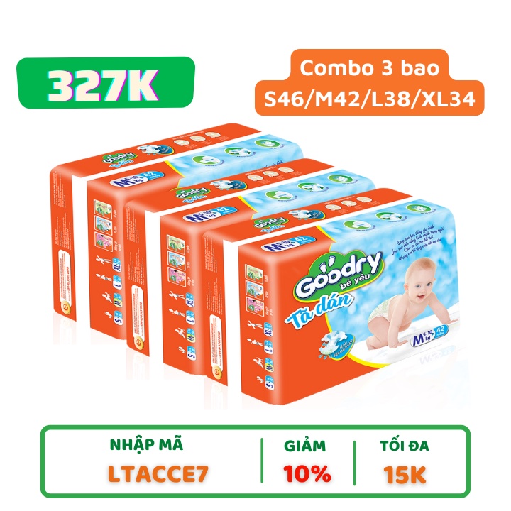 Combo 3 baoTã dán Goodry đủ size S46/M42/L38/XL34 - Thun chân co giãn giúp bé thoải mái vận động