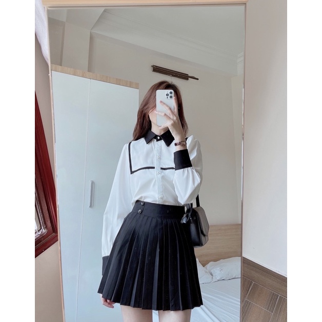 Set áo sơ mi, chân váy xếp ly