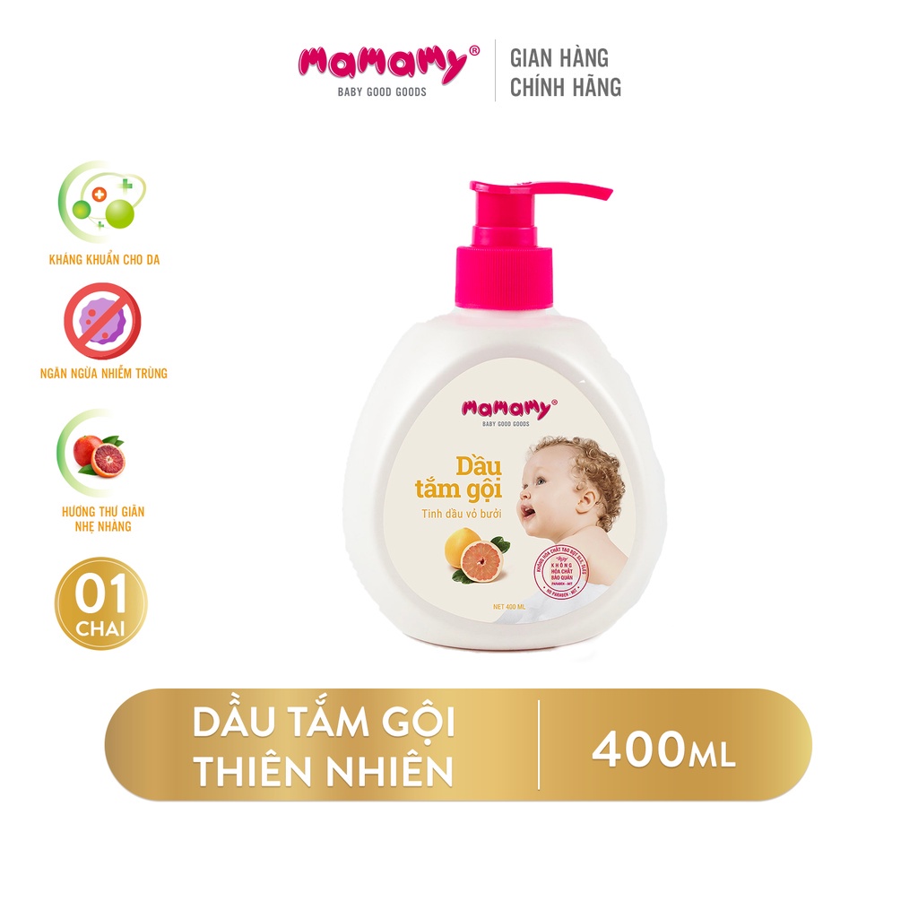 Dầu tắm gội kháng khuẩn và ngừa hăm - rôm sảy Mamamy tinh dầu vỏ bưởi/ tinh dầu tía tô đất 400ml