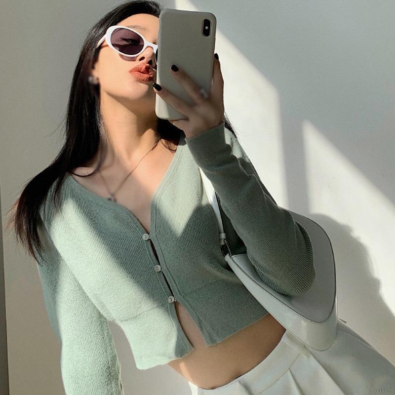 Áo Cardigan Dệt Kim Tay Dài Cổ Chữ V Cài Nút Màu Trơn Phong Cách Hàn Quốc Cho Nữ