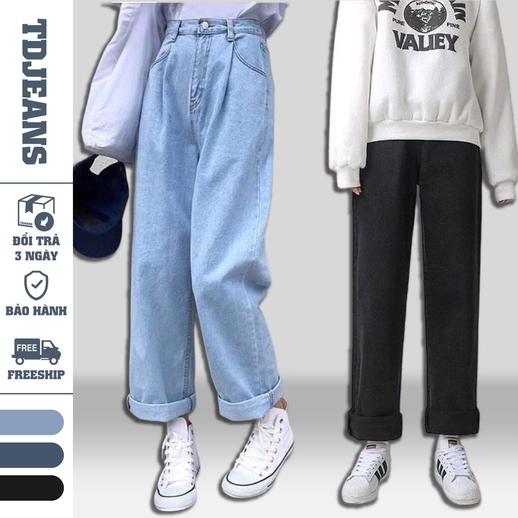 Quần jeans nữ lưng cao ống rộng TDJEANS màu xanh đen chất vải bò mềm mại,dầy dặn,kiểu dáng Uzzang Hàn Quốc 2022