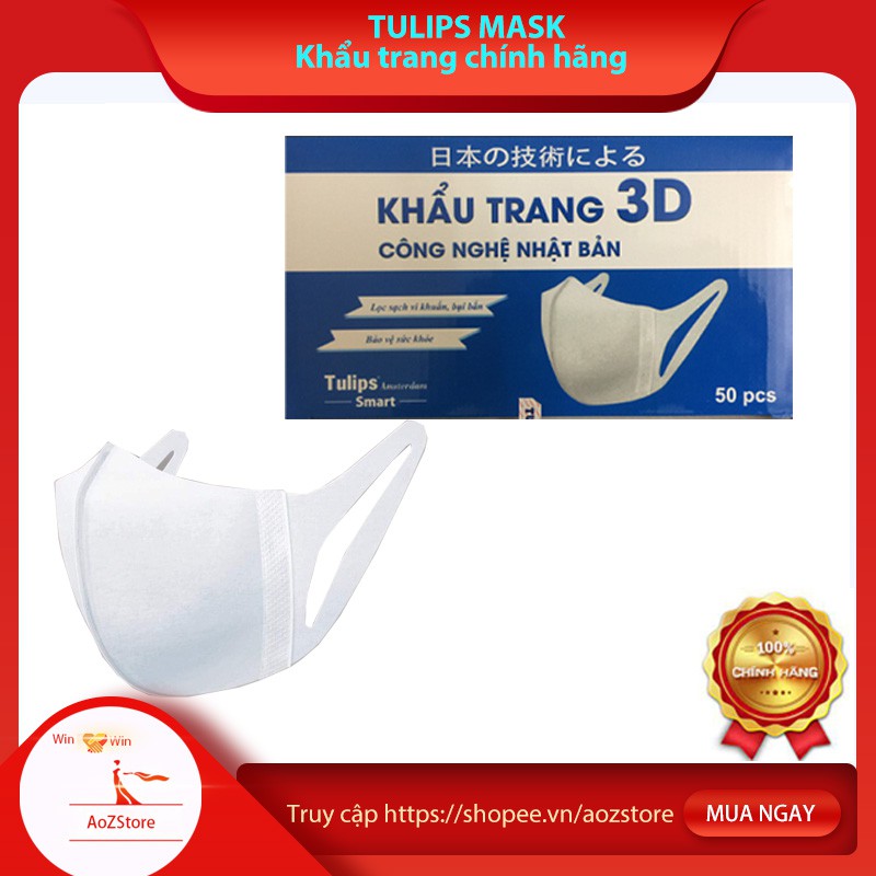 Khẩu trang y tế 3D Mask TULIPS CAO CẤP sử dụng công nghệ dập nhật bản hộp 50 chiếc