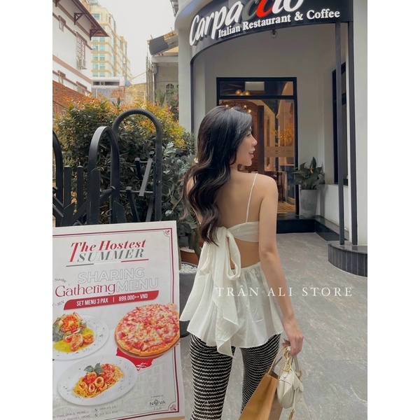 Set Bộ Áo Dây Voan Thắt Nơ Lưng Kèm Quần Dài Ống Loe Sọc alohashop91