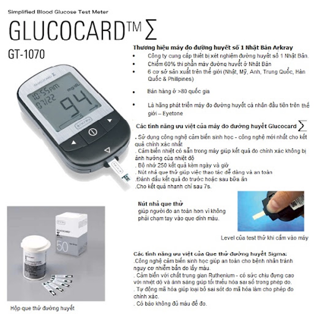 [Nhập Khẩu Nhật Bản] Máy Đo Đường Huyết Arkray Glucocard ∑ GT - 1070 | Tặng Kèm 50 Que Thử - Bảo Hành 5 Năm