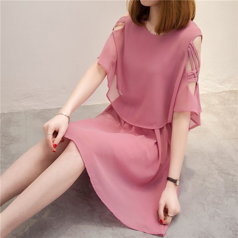 Đầm voan nữ dáng xòe 2 lớp tay đan dây da20