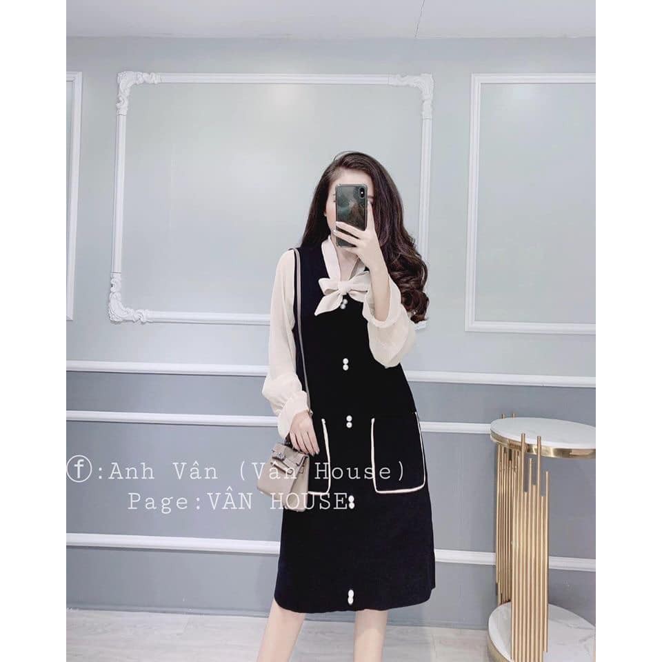 váy giả yếm cổ nơ phối tay