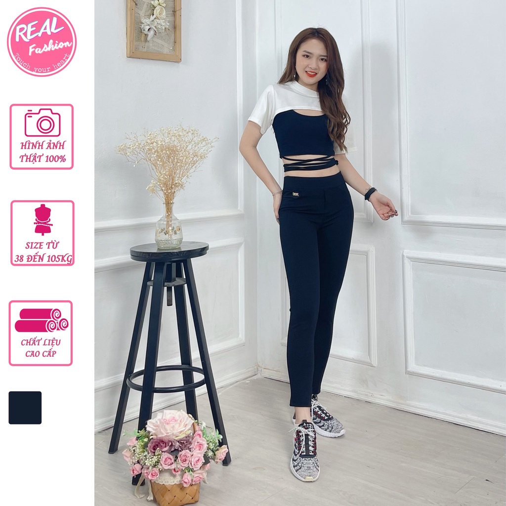 Quần legging nữ,quần legging dài đính logo vải umi hàn cao cấp, co dãn 4 chiều big size đến 105kg Real Fashion