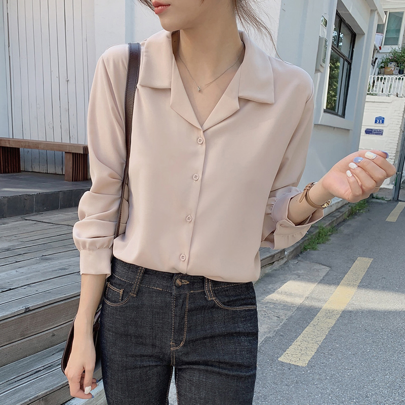 Áo Sơ Mi Nữ Tay Dài Cổ Chữ V Màu Trơn Đơn Giản 35923