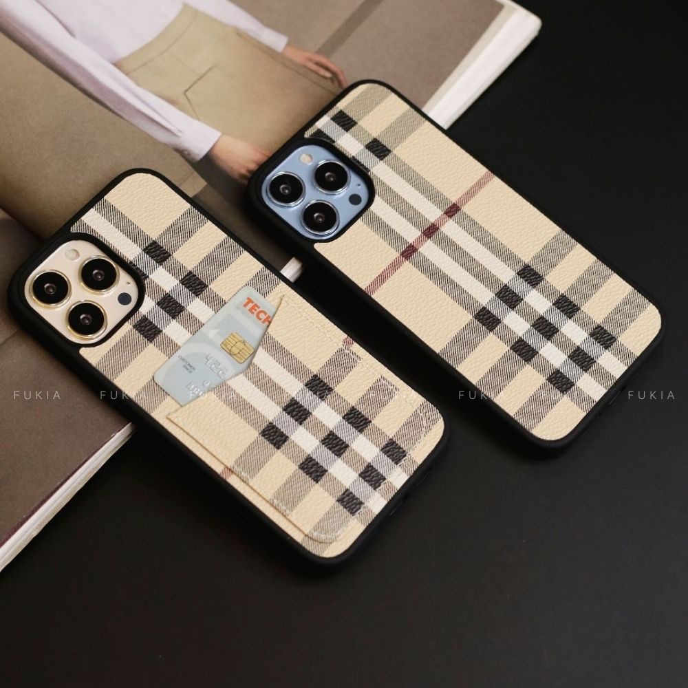 Ốp da thủ công viền đen khe thẻ hoạ tiết kẻ sọc cho IPhone 14/14Plus/14Pro/14Promax/13/13Pro/13Promax/12Promax ODTC133