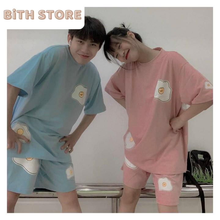 Set đồ bộ mặc nhà nam nữ, áo thun ngắn tay quần đùi trứng ốp la dễ thương, áo mặc nhà cặp đôi mùa hè