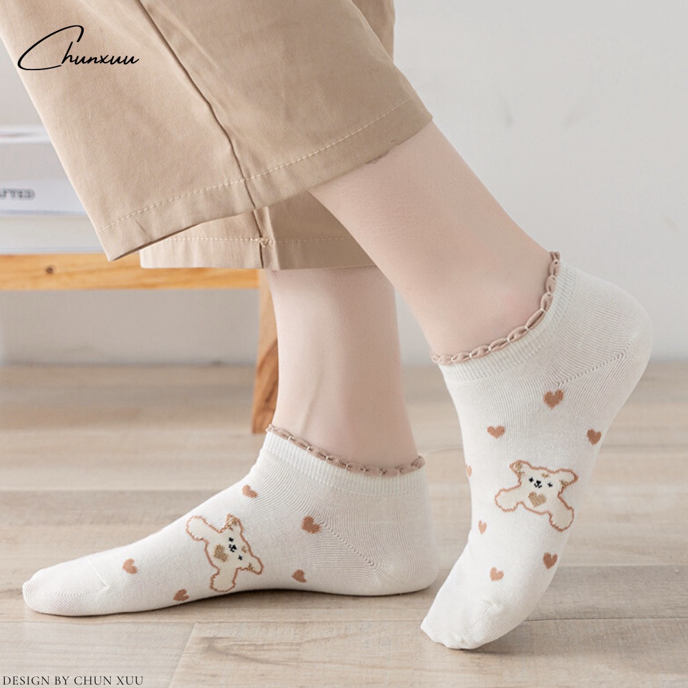 Tất nữ cổ ngắn cổ viền bèo họa tiết gấu dễ thương vải cotton co dãn ChunXuu - T10