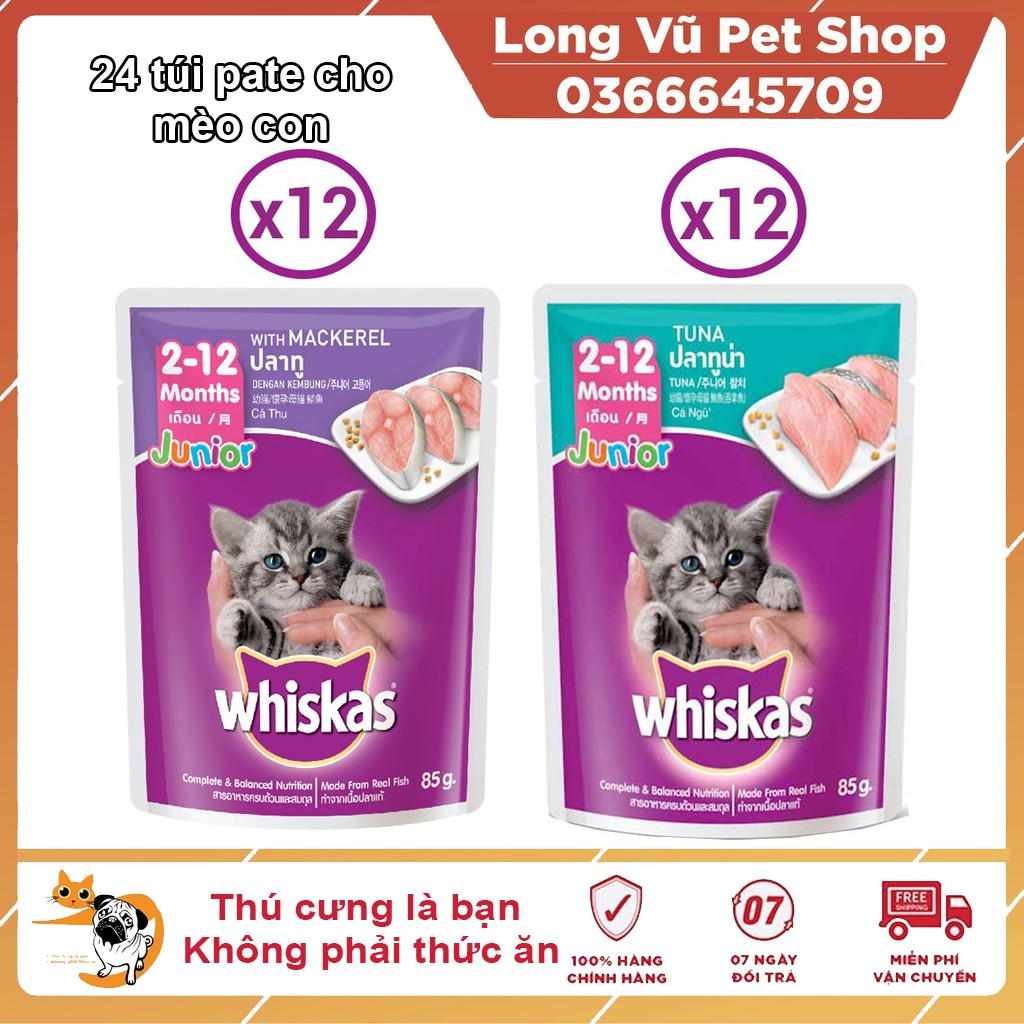 Combo 24 túi mix 2 vị thức ăn pate cho mèo con Whiskas 85g/túi