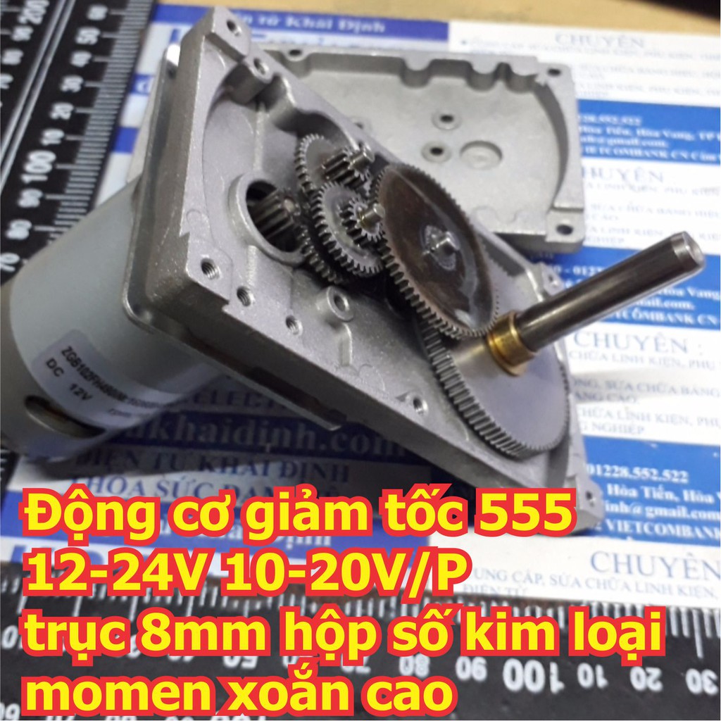 Động cơ giảm tốc 555 12-24V 10-20V/P trục 8mm hộp số kim loại, momen xoắn cao kde4976