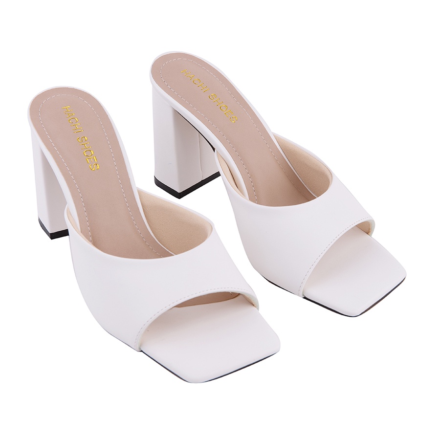 Dép guốc cao gót nữ mũi vuông gót vuông màu trắng A678 - HachiShoes
