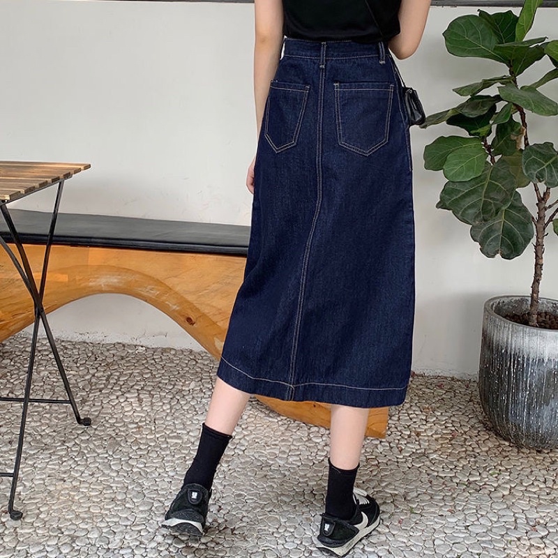 | CHÂN VÁY JEANS DÀI CHỈ NỔI TÚI VUÔNG ULZZANG
