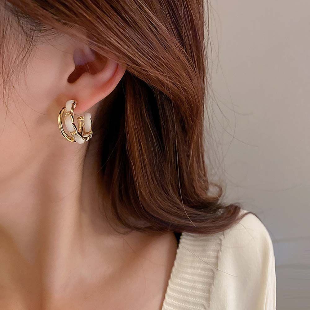 Bông tai tròn hai lớp bằng kim loại màu đỏ trắng đen phong cách Hàn Quốc đơn giản cho nữ