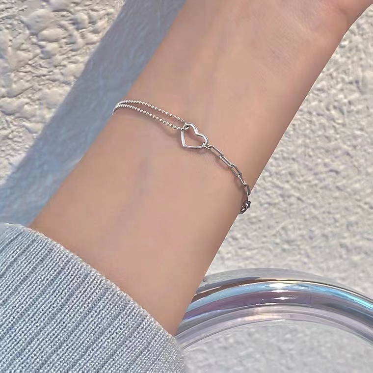 Vòng tay bạc sterling 925 mặt hình trái tim ghép dây xích và dây chuỗi thiết kế nhỏ đơn giản thời trang cá tính cho nữ