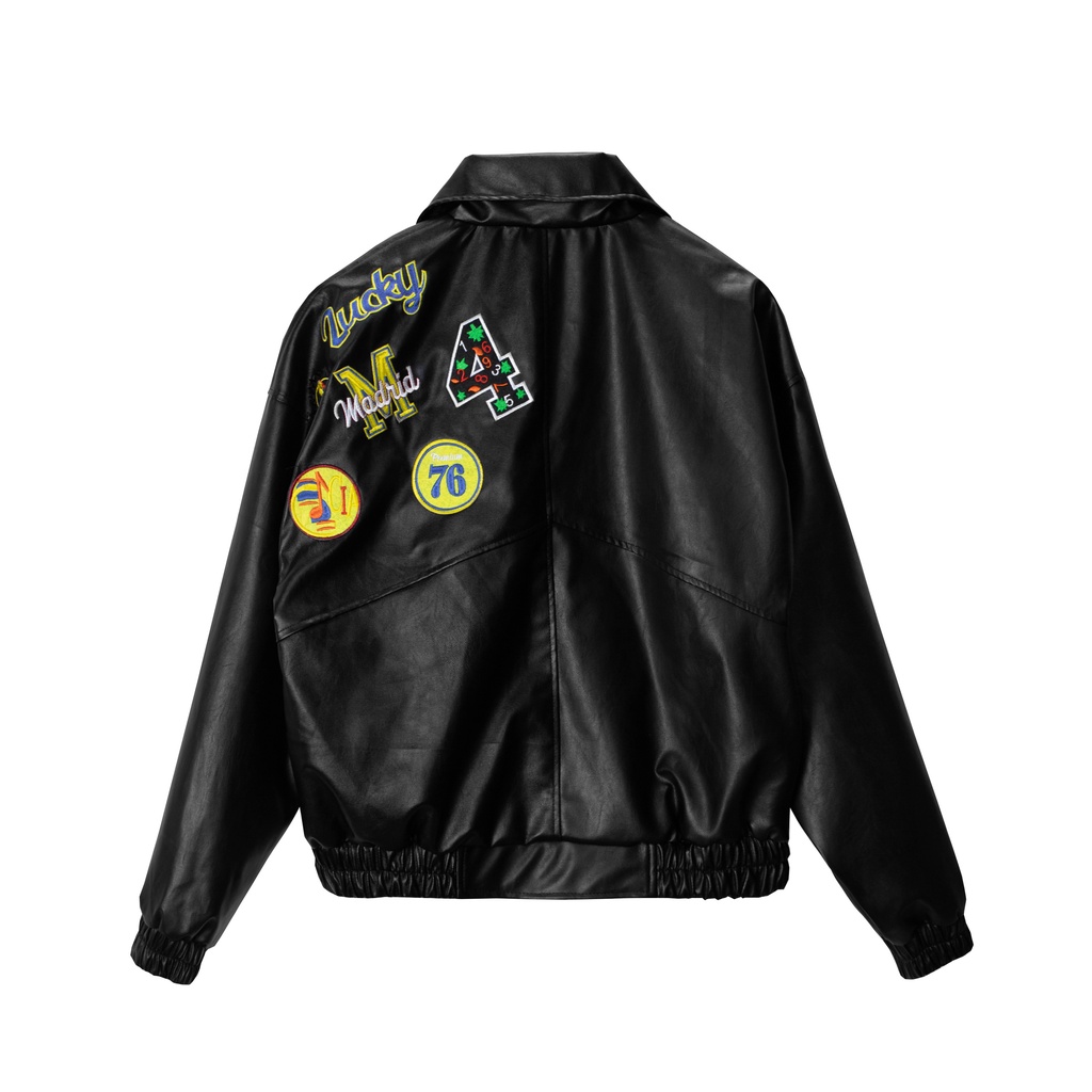 Áo khoác bomber da thêu logo unisex 6104 4lucky, form rộng chất da mịn