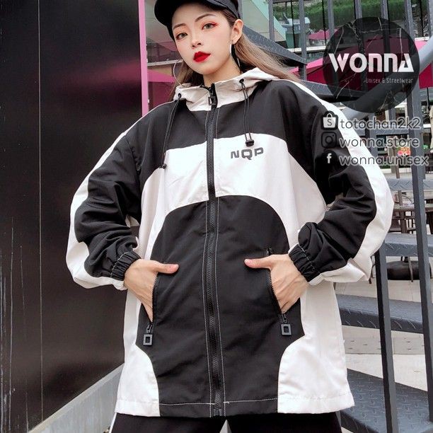 (ORDER) Áo Khoác dù có mũ form rộng trắng đen xanh Unisex Ulzzang Oversize street style nam nữ gió cá tính có túi | BigBuy360 - bigbuy360.vn