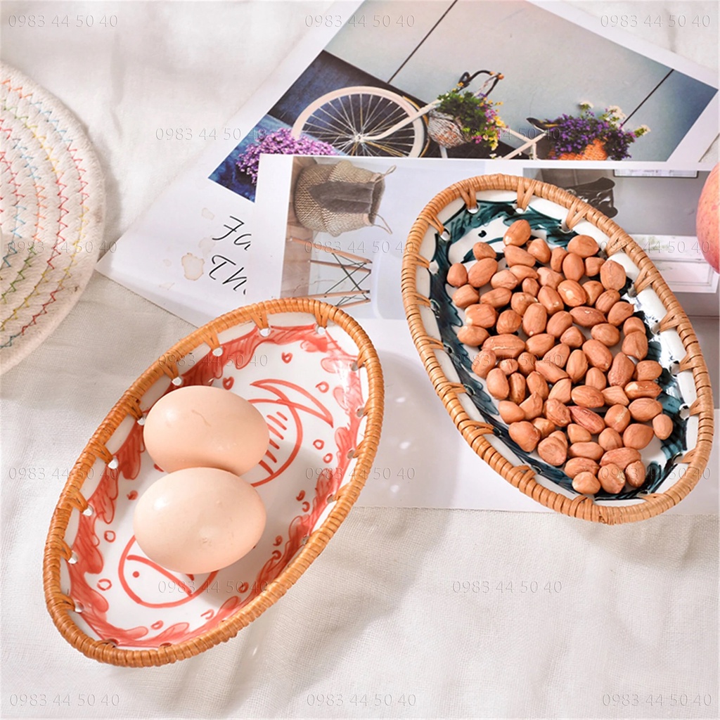 Đĩa Mây Đan (Oval) Kết Hợp Gốm Sứ, Trang Trí Bàn Ăn.