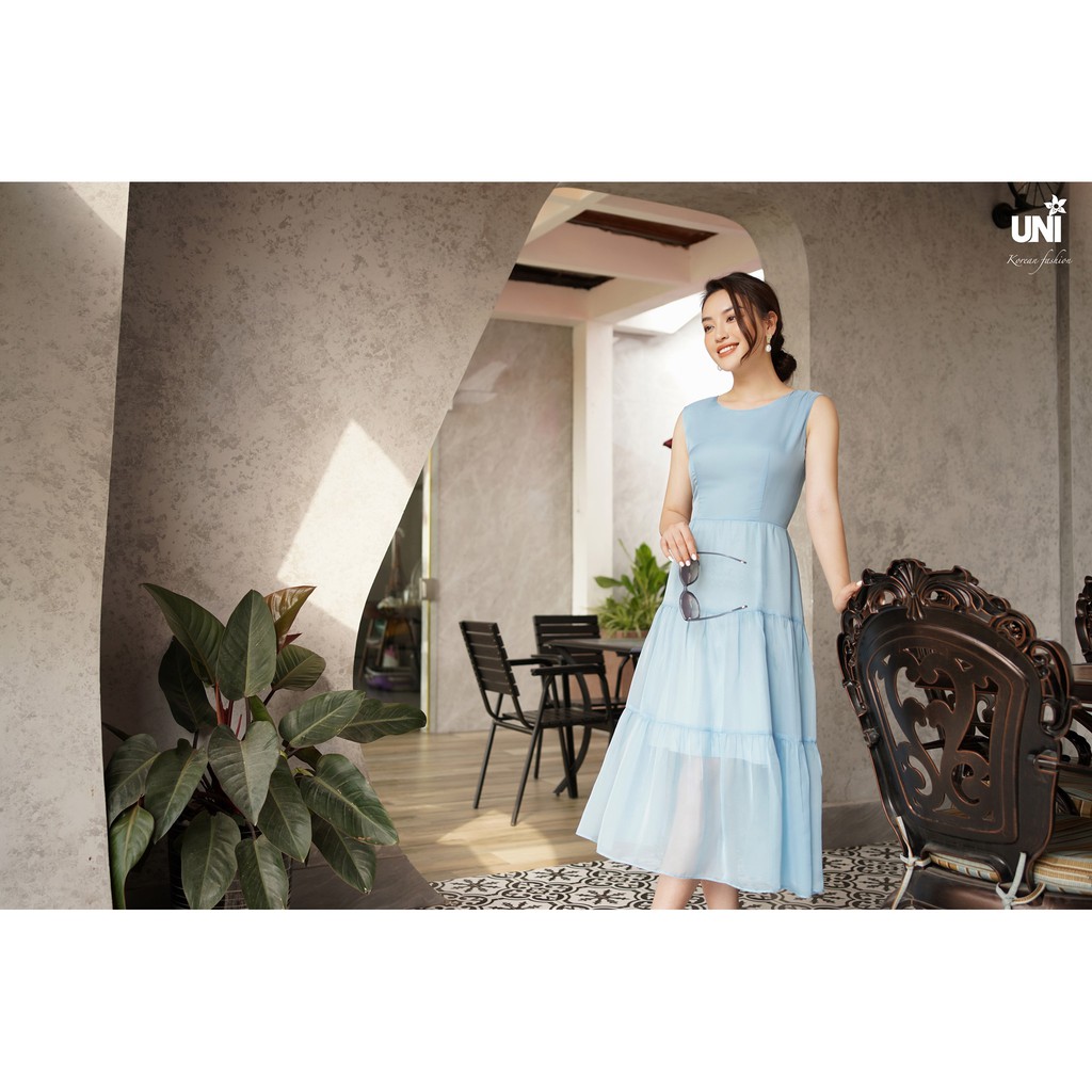 Đầm Nữ UNIVTH Midi Sát Nách Dáng Xòe Tầng Cao Cấp 5D1163 Uni Korean Fashion