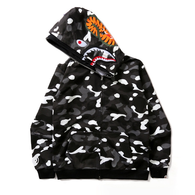 Áo Hoodie Zip Bape Họa Tiết Cá Mập Mũ 2 Lớp Hip Hop Cá Tính