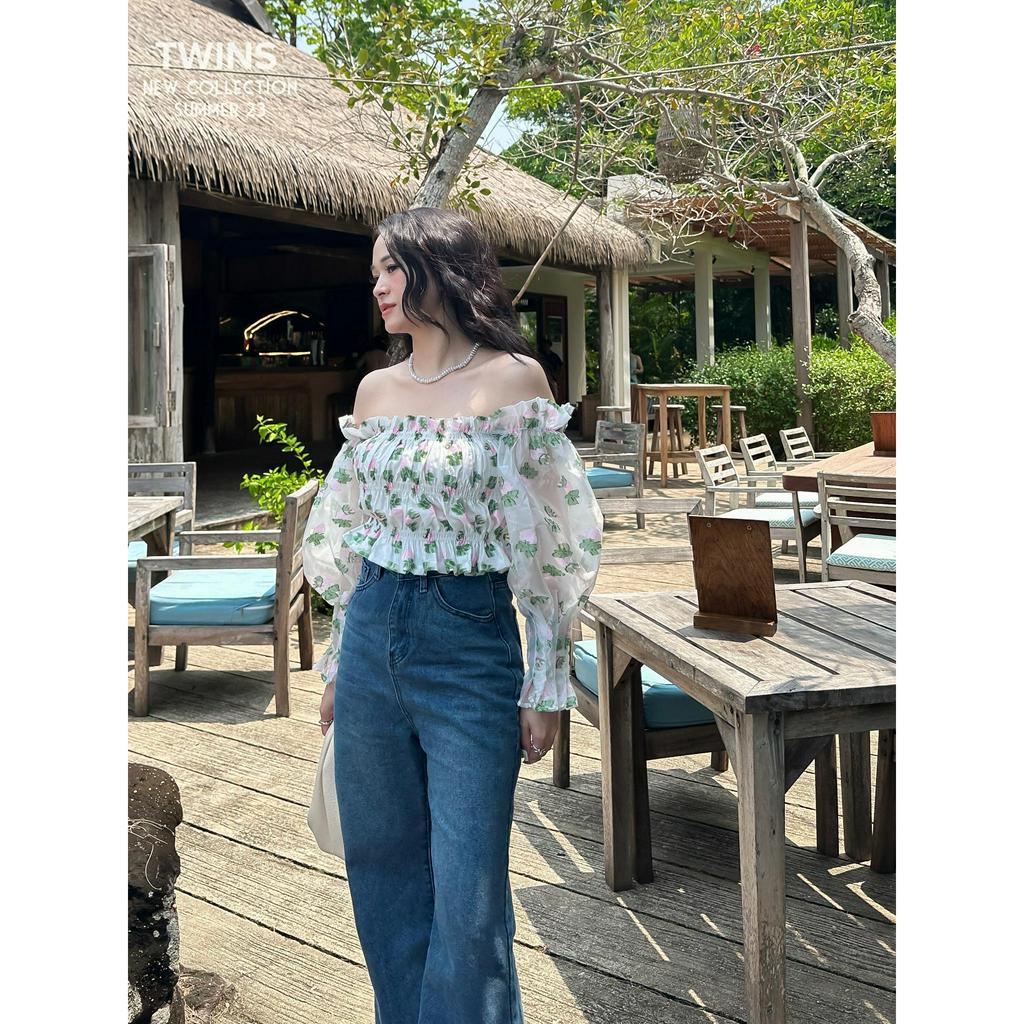 Áo trễ vai nữ tơ hoa chun tay tke by Twins