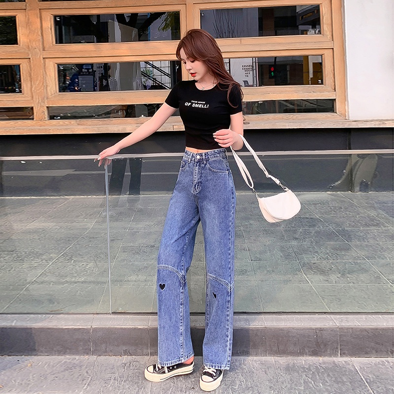 Quần Jeans Nữ Lưng Cao Ống Rộng Thêu Hình Trái Tim Thời Trang