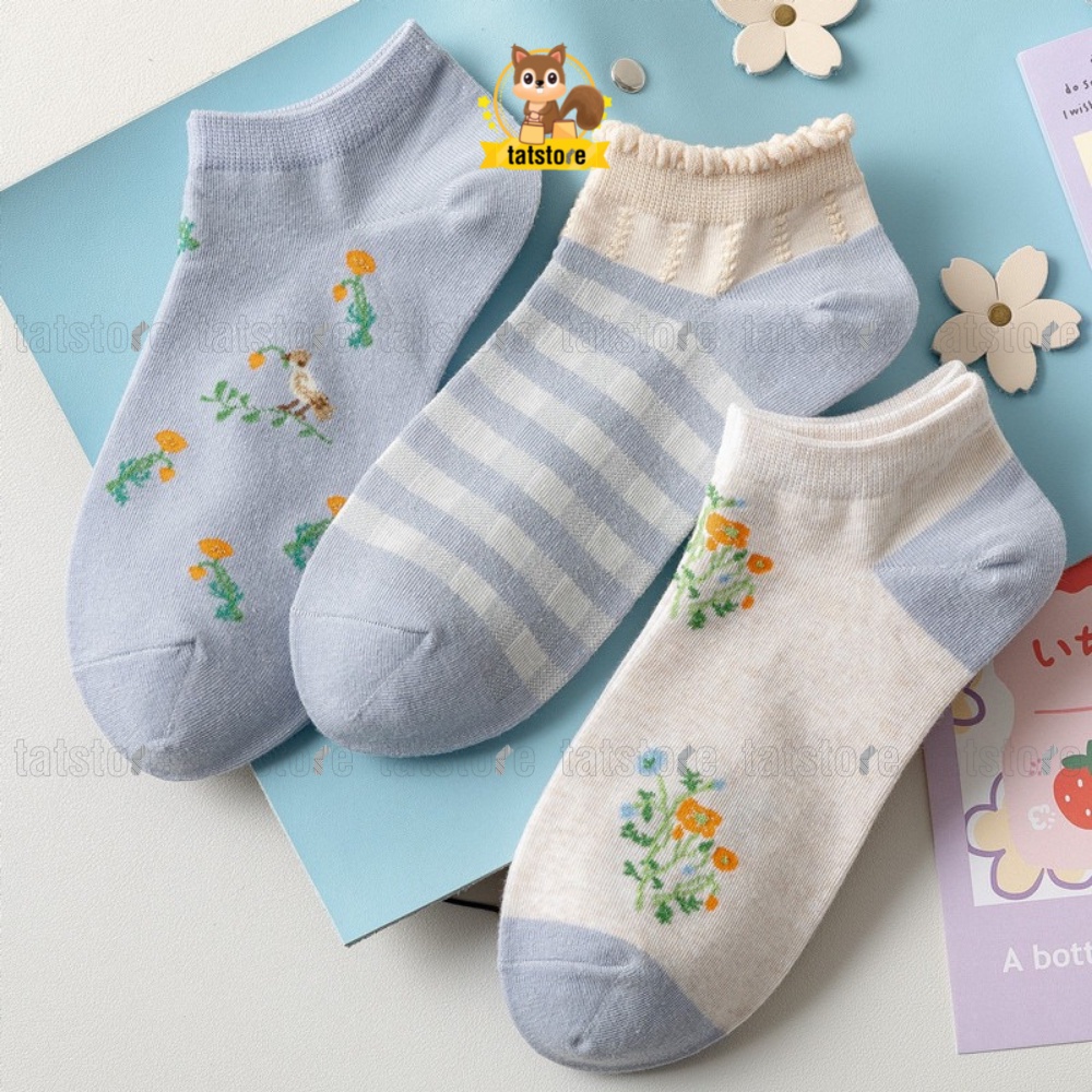 Tất nữ cổ thấp ngắn Hàn Quốc màu cute màu rất xinh tím và xanh họa tiết hoa nhí TẤT STORE 2CNF17