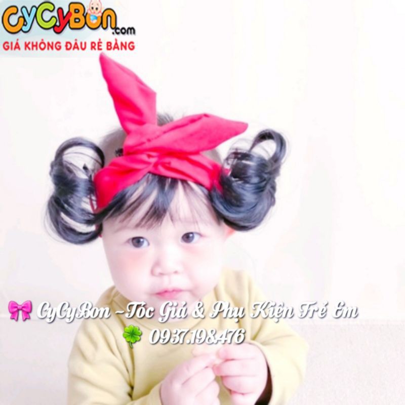 Băng Đô Turban Tóc Giả Cho Bé Gái Nơ Đỏ Quấn - Kèm Mái và Búi Tóc 2 Bên !