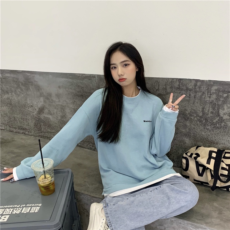 SUXI Áo Sweater Thể Thao Tay Dài Cổ Tròn Màu Sắc Đơn Giản Cho Nữ