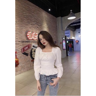 Áo trắng cổ vuông chun eo (dài tay)- SP003573