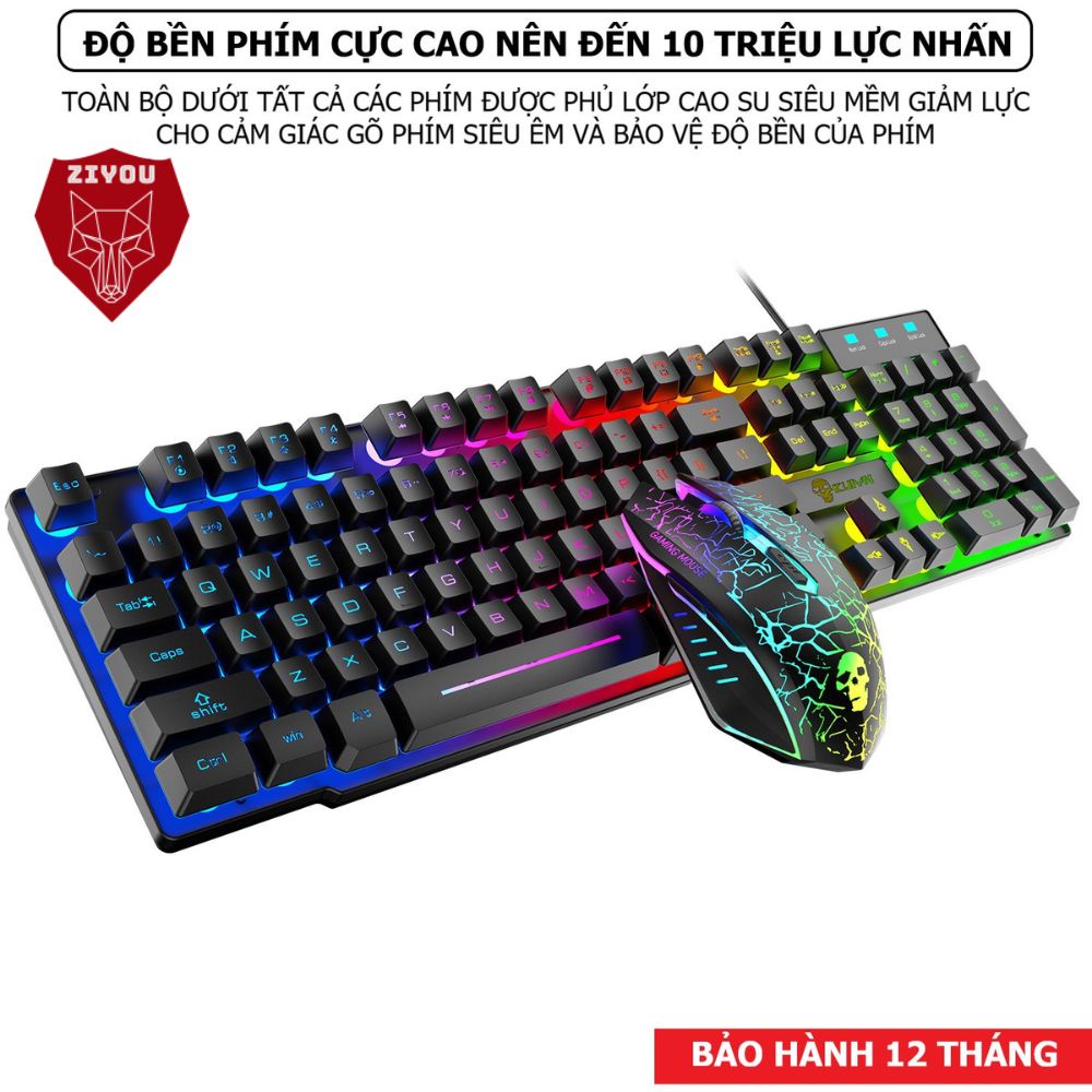 Bộ Bàn Phím Gaming Có Dây Ziyou T6 RGB Led 10 Hiệu Ứng, Bấm Êm Chống Nước Cho Máy Tính, Laptop, PC