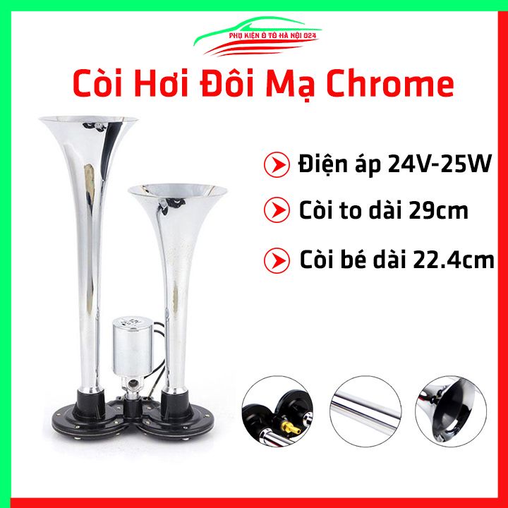 Còi hơi đôi mạ Chrome kèn hơi 24V màu bạc cho ô tô xe máy