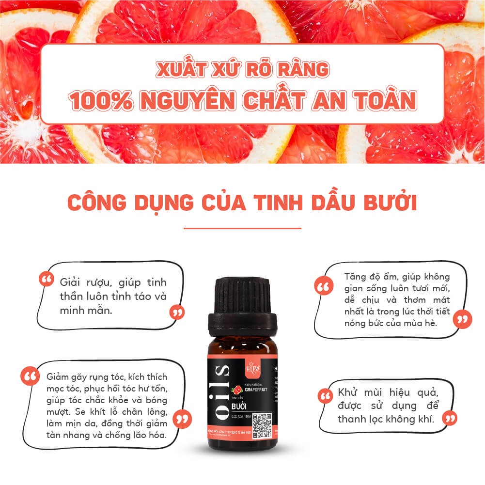 Tinh dầu Bưởi Haeva Cao Cấp, 100% Thiên Nhiên, giúp thơm phòng, chăm sóc tóc chắc khỏe, Chai 10ml/30m/100ml