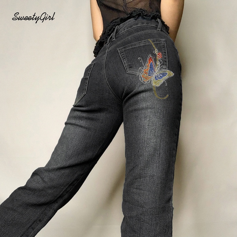 Quần Jeans Ống Rộng Lưng Cao Thêu Hình Bướm Mẫu Mới 2022 Cho Nữ