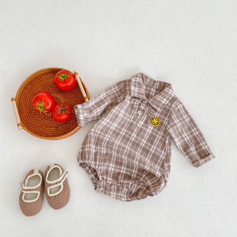 Bộ Áo Liền Quần Dài Tay Giả Vest Có Nơ Mặt Cười Cho Bé Trai
