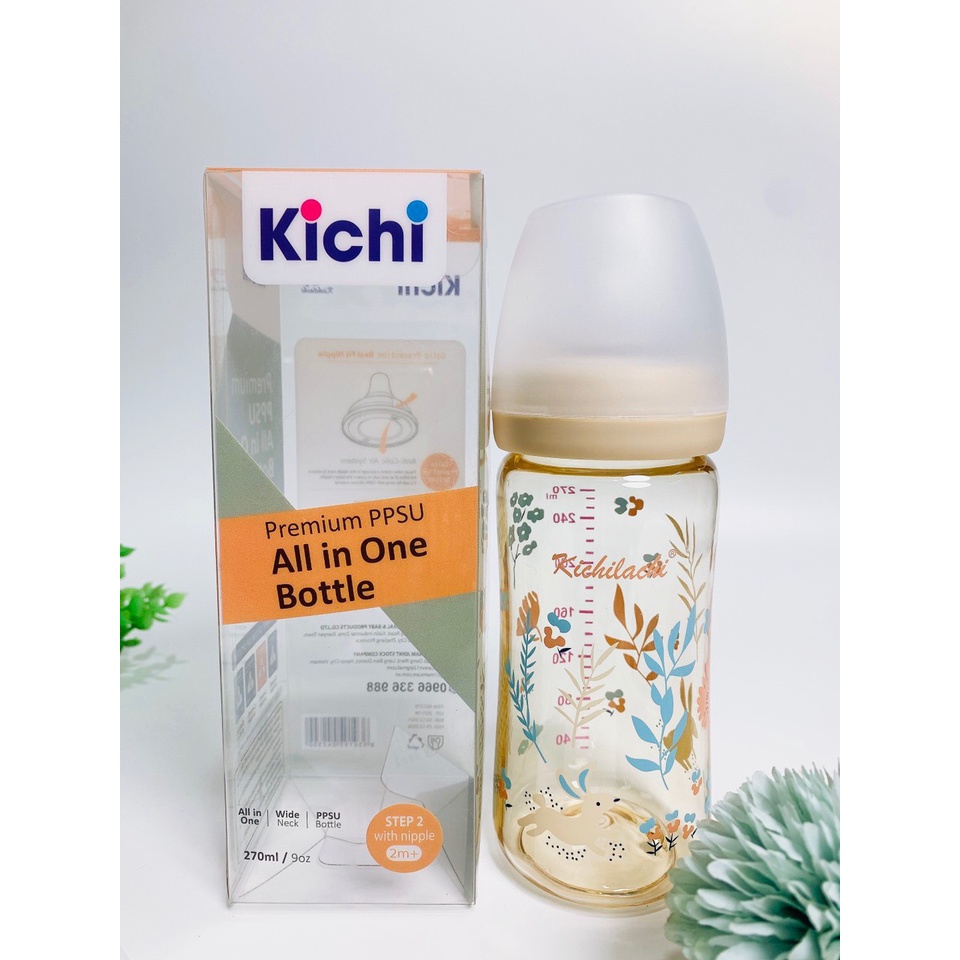 Bình sữa cổ rộng CẢM BIẾN NHIỆT PPSU cho bé kèm núm ti siêu mềm KICHILACHI chính hãng hình thỏ, hổ 170/270ml