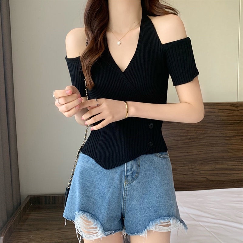 Xả hàng - Áo len mỏng tay cộc cổ yếm hở vai len mongtoghi AL6123 - NhiNhi Shop