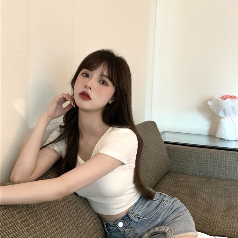 Áo Thun Ôm Tay Ngắn Cổ Khoét Sâu Màu Sắc Trơn Quyến Rũ Dành Cho Nữ