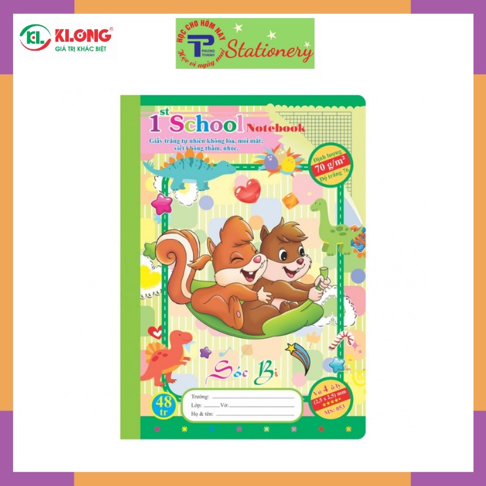 Vở 4 ô ly 48, 80 trang Klong định lượng 70g/m2 bìa hình chích bông, mèo tít, hổ nhi, sóc bi; MS: 053, 054
