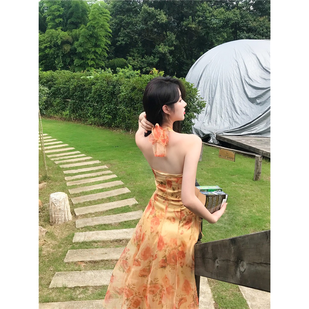 M140 - Đầm voan tơ hoa Ulzzang cổ yếm thắt nơ hở lưng quý phái