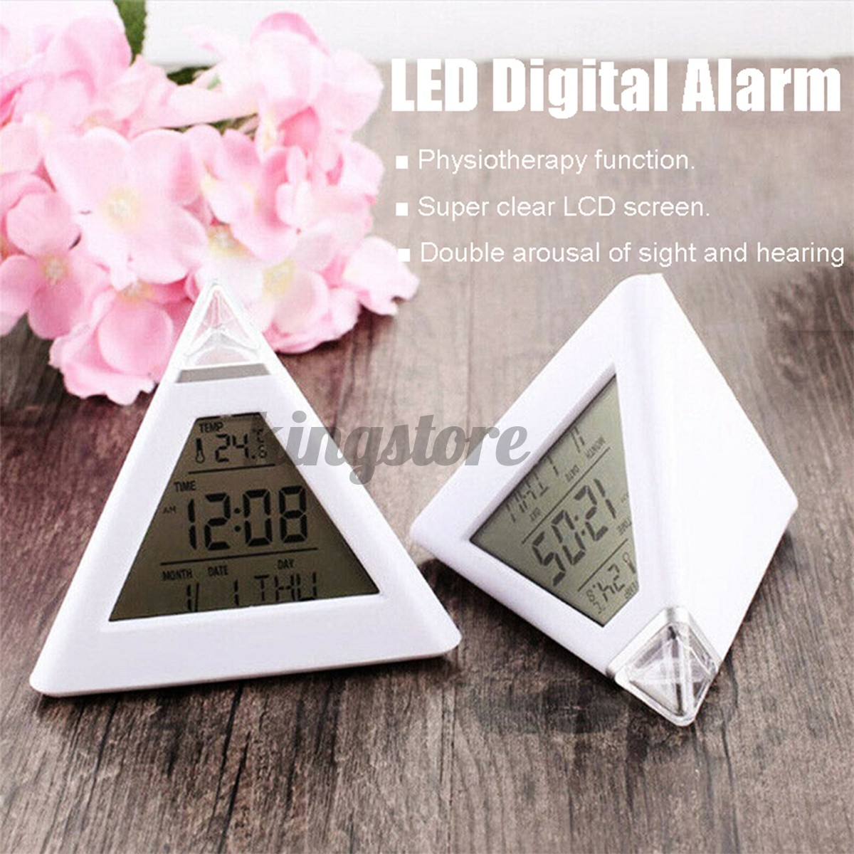 3.9x3.9x4in LCD 7 Colour Changing Triangle Digital Alarm Clock Night Light Bedside Desk Lamp